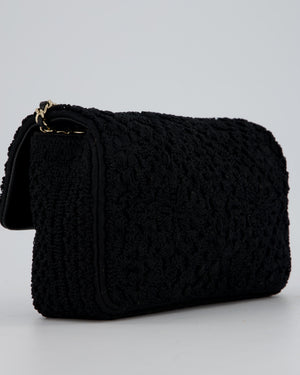 Chanel Black Crochet Small Classic Single Flap Bag in Woven Cotton and Lambskin Leather with Champagne Gold Hardware