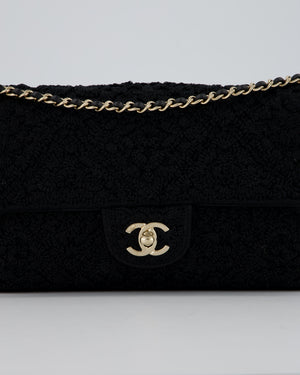 Chanel Black Crochet Small Classic Single Flap Bag in Woven Cotton and Lambskin Leather with Champagne Gold Hardware