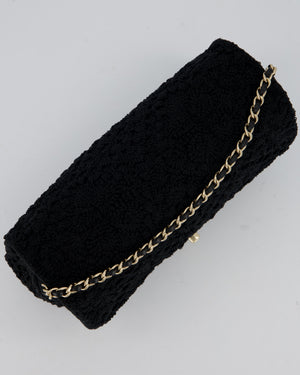 Chanel Black Crochet Small Classic Single Flap Bag in Woven Cotton and Lambskin Leather with Champagne Gold Hardware