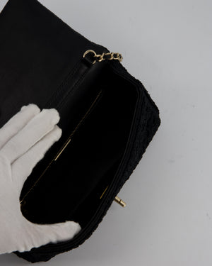 Chanel Black Crochet Small Classic Single Flap Bag in Woven Cotton and Lambskin Leather with Champagne Gold Hardware