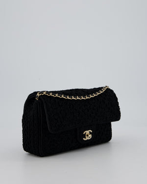Chanel Black Crochet Small Classic Single Flap Bag in Woven Cotton and Lambskin Leather with Champagne Gold Hardware