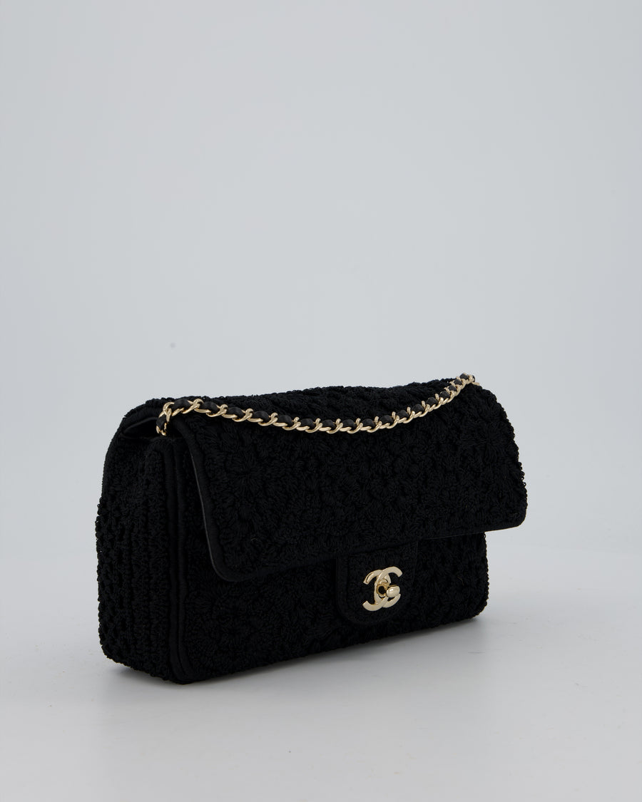 Chanel Black Crochet Small Classic Single Flap Bag in Woven Cotton and Lambskin Leather with Champagne Gold Hardware