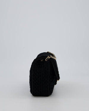 Chanel Black Crochet Small Classic Single Flap Bag in Woven Cotton and Lambskin Leather with Champagne Gold Hardware