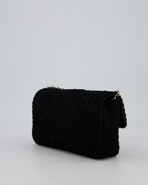 Chanel Black Crochet Small Classic Single Flap Bag in Woven Cotton and Lambskin Leather with Champagne Gold Hardware
