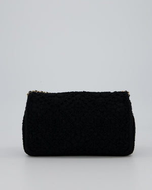 Chanel Black Crochet Small Classic Single Flap Bag in Woven Cotton and Lambskin Leather with Champagne Gold Hardware