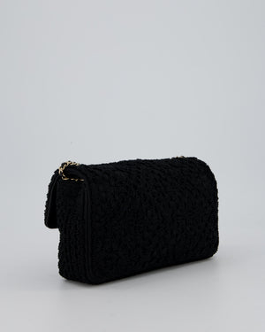 Chanel Black Crochet Small Classic Single Flap Bag in Woven Cotton and Lambskin Leather with Champagne Gold Hardware