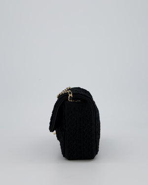 Chanel Black Crochet Small Classic Single Flap Bag in Woven Cotton and Lambskin Leather with Champagne Gold Hardware