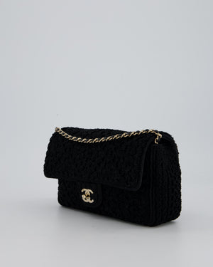 Chanel Black Crochet Small Classic Single Flap Bag in Woven Cotton and Lambskin Leather with Champagne Gold Hardware