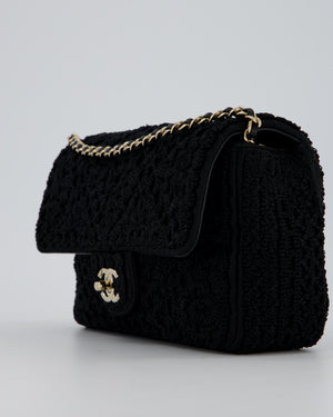 Chanel Black Crochet Small Classic Single Flap Bag in Woven Cotton and Lambskin Leather with Champagne Gold Hardware