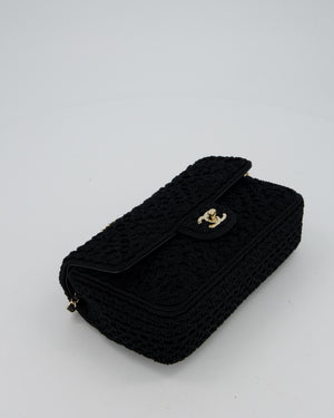 Chanel Black Crochet Small Classic Single Flap Bag in Woven Cotton and Lambskin Leather with Champagne Gold Hardware