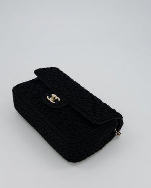 Chanel Black Crochet Small Classic Single Flap Bag in Woven Cotton and Lambskin Leather with Champagne Gold Hardware