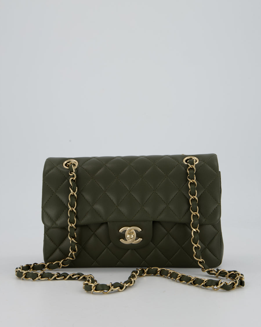 Chanel Olive Green Small Classic Double Flap Bag in Lambskin Leather with Champagne Gold Hardware