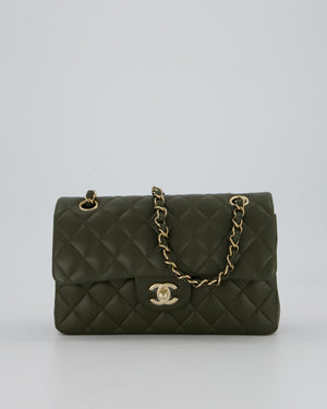 Chanel Olive Green Small Classic Double Flap Bag in Lambskin Leather with Champagne Gold Hardware