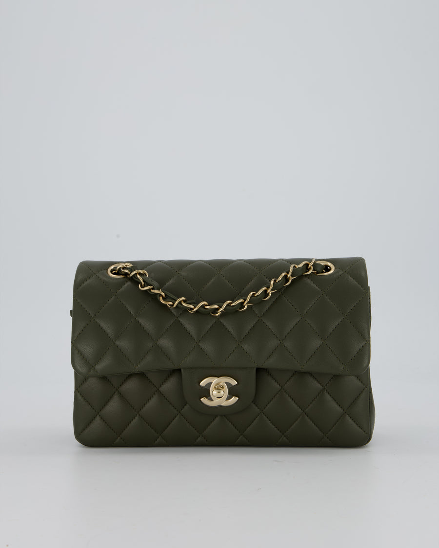 Chanel Olive Green Small Classic Double Flap Bag in Lambskin Leather with Champagne Gold Hardware