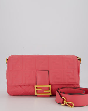 Fendi Pink Baguette Large Shoulder Bag in Embossed Leather with Gold Hardware