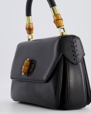 Gucci Black Leather Bamboo Top Handle Bag with Turn-Lock Detail