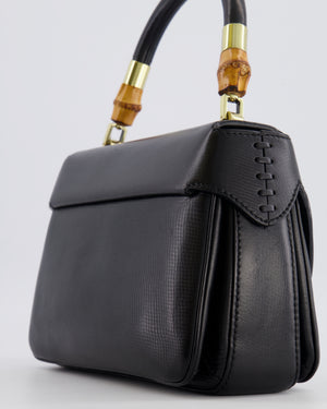 Gucci Black Leather Bamboo Top Handle Bag with Turn-Lock Detail