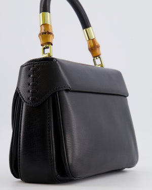 Gucci Black Leather Bamboo Top Handle Bag with Turn-Lock Detail
