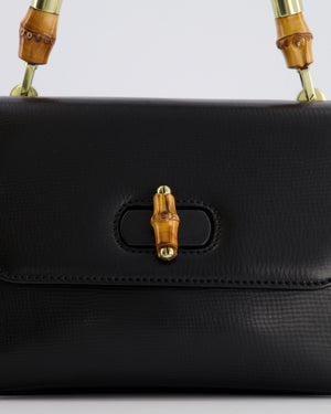 Gucci Black Leather Bamboo Top Handle Bag with Turn-Lock Detail