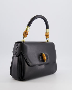 Gucci Black Leather Bamboo Top Handle Bag with Turn-Lock Detail