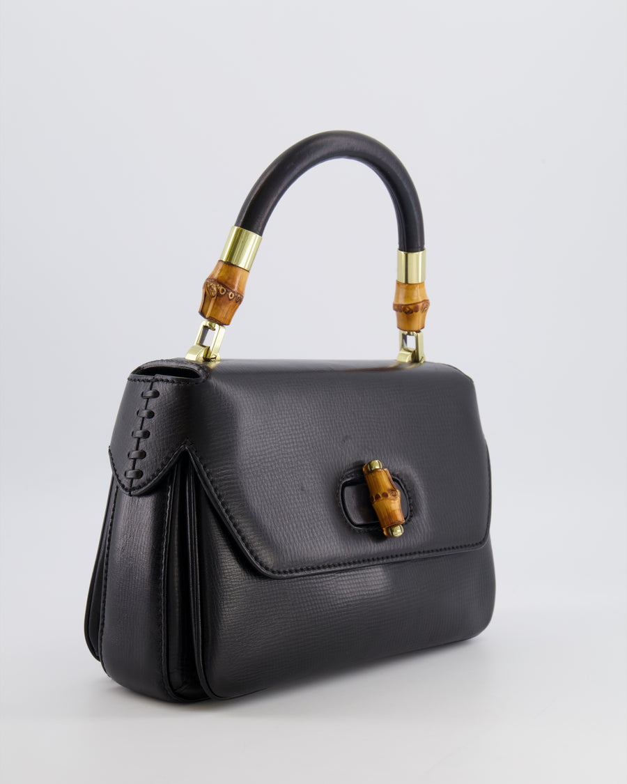 Gucci Black Leather Bamboo Top Handle Bag with Turn-Lock Detail