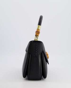 Gucci Black Leather Bamboo Top Handle Bag with Turn-Lock Detail