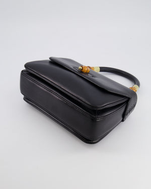 Gucci Black Leather Bamboo Top Handle Bag with Turn-Lock Detail