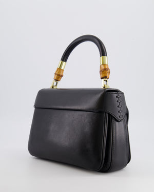 Gucci Black Leather Bamboo Top Handle Bag with Turn-Lock Detail