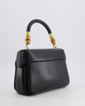 Gucci Black Leather Bamboo Top Handle Bag with Turn-Lock Detail