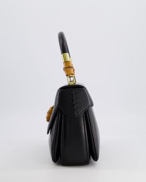 Gucci Black Leather Bamboo Top Handle Bag with Turn-Lock Detail