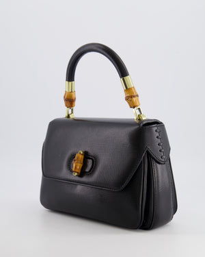 Gucci Black Leather Bamboo Top Handle Bag with Turn-Lock Detail
