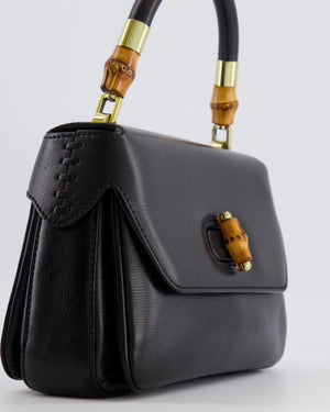Gucci Black Leather Bamboo Top Handle Bag with Turn-Lock Detail