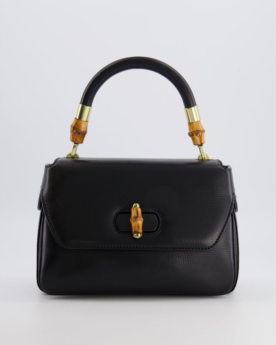 Gucci Black Leather Bamboo Top Handle Bag with Turn-Lock Detail