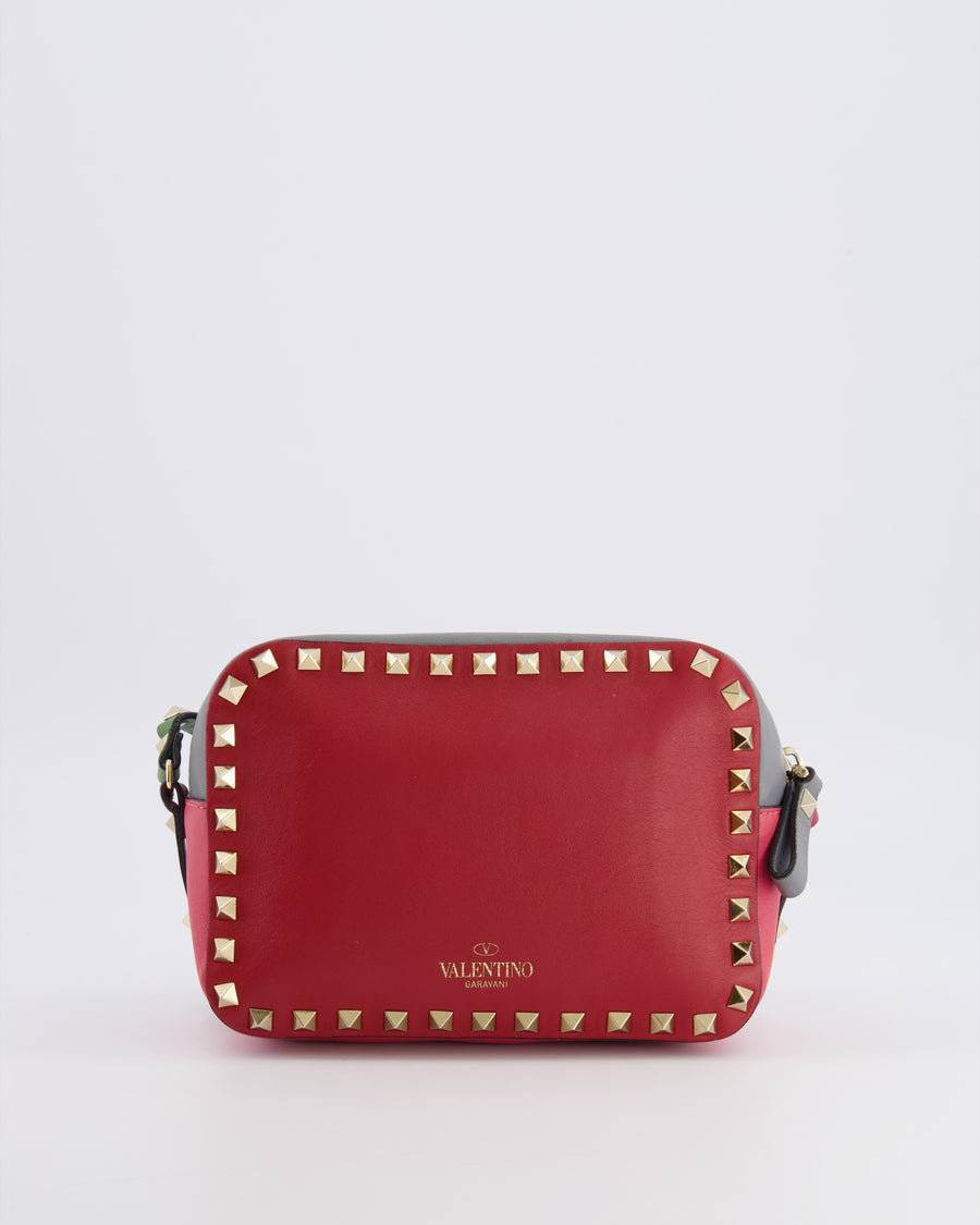Valentino Red and Grey Leather Rockstud Crossbody Camera Bag with Gold Hardware