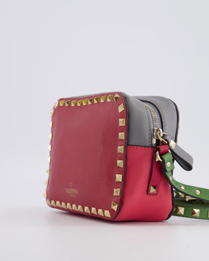 Valentino Red and Grey Leather Rockstud Crossbody Camera Bag with Gold Hardware