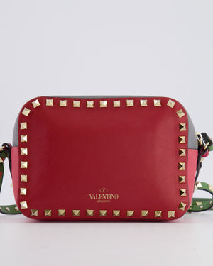Valentino Red and Grey Leather Rockstud Crossbody Camera Bag with Gold Hardware