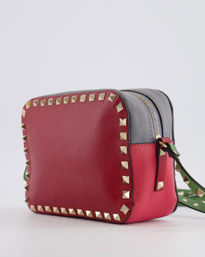Valentino Red and Grey Leather Rockstud Crossbody Camera Bag with Gold Hardware