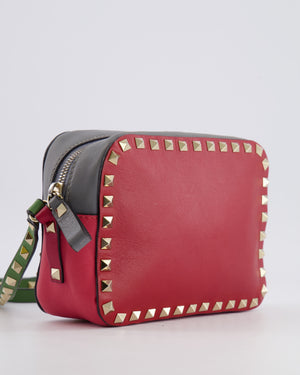 Valentino Red and Grey Leather Rockstud Crossbody Camera Bag with Gold Hardware