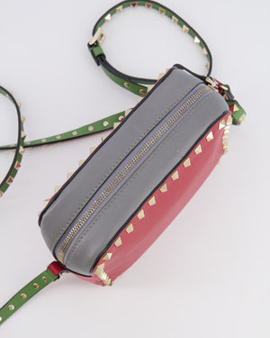 Valentino Red and Grey Leather Rockstud Crossbody Camera Bag with Gold Hardware