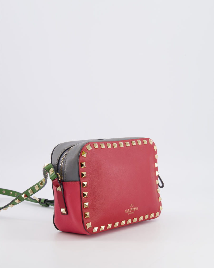 Valentino Red and Grey Leather Rockstud Crossbody Camera Bag with Gold Hardware