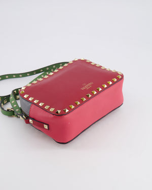 Valentino Red and Grey Leather Rockstud Crossbody Camera Bag with Gold Hardware
