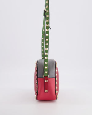 Valentino Red and Grey Leather Rockstud Crossbody Camera Bag with Gold Hardware