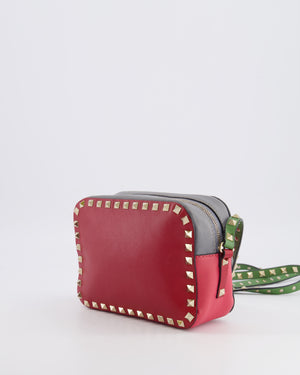 Valentino Red and Grey Leather Rockstud Crossbody Camera Bag with Gold Hardware