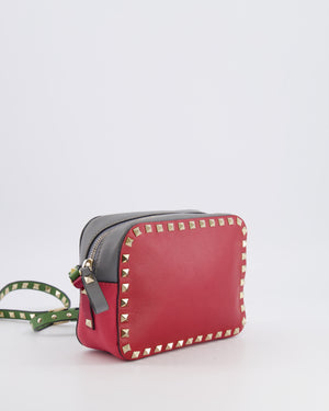 Valentino Red and Grey Leather Rockstud Crossbody Camera Bag with Gold Hardware