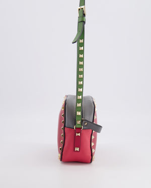 Valentino Red and Grey Leather Rockstud Crossbody Camera Bag with Gold Hardware