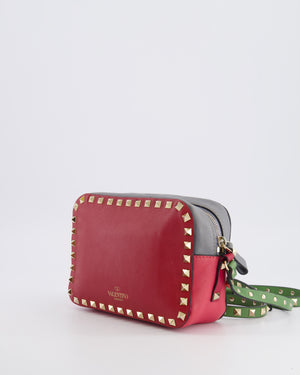 Valentino Red and Grey Leather Rockstud Crossbody Camera Bag with Gold Hardware