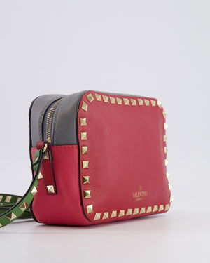 Valentino Red and Grey Leather Rockstud Crossbody Camera Bag with Gold Hardware