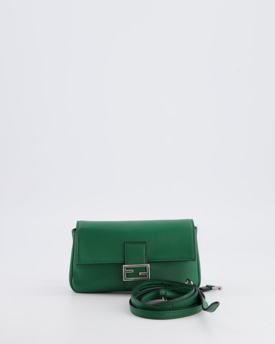 Fendi Micro Baguette Bag in Forest Green Lambskin Leather with Silver Hardware