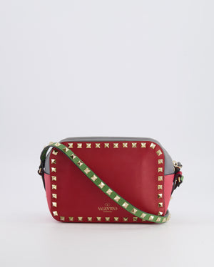 Valentino Red and Grey Leather Rockstud Crossbody Camera Bag with Gold Hardware