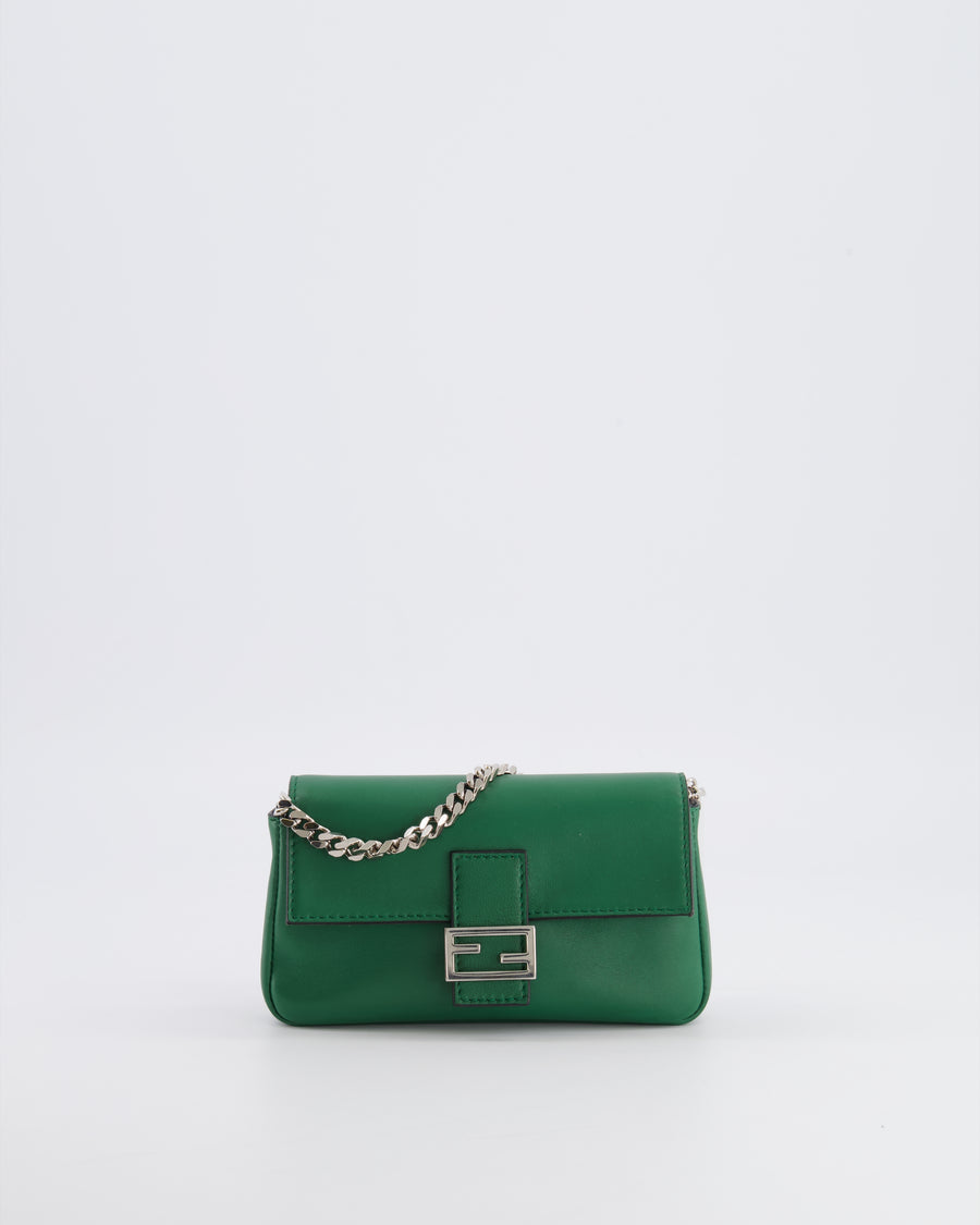 Fendi Micro Baguette Bag in Forest Green Lambskin Leather with Silver Hardware